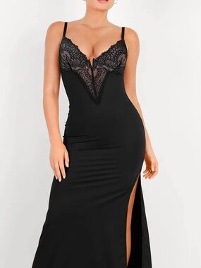 Popilush Black Lace-Trim Slip Dress